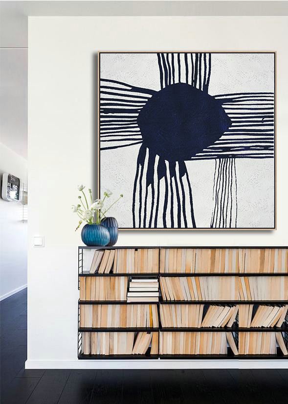 Extra Large Wall Art,Hand Painted Navy Minimalist Painting On Canvas,Acrylic Painting Wall Art